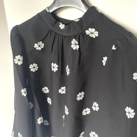 Kate Spade Black Floral Mock Neck Blouse Womens XL Puff Bell Sleeve Crepe Top - Picture 4 of 10